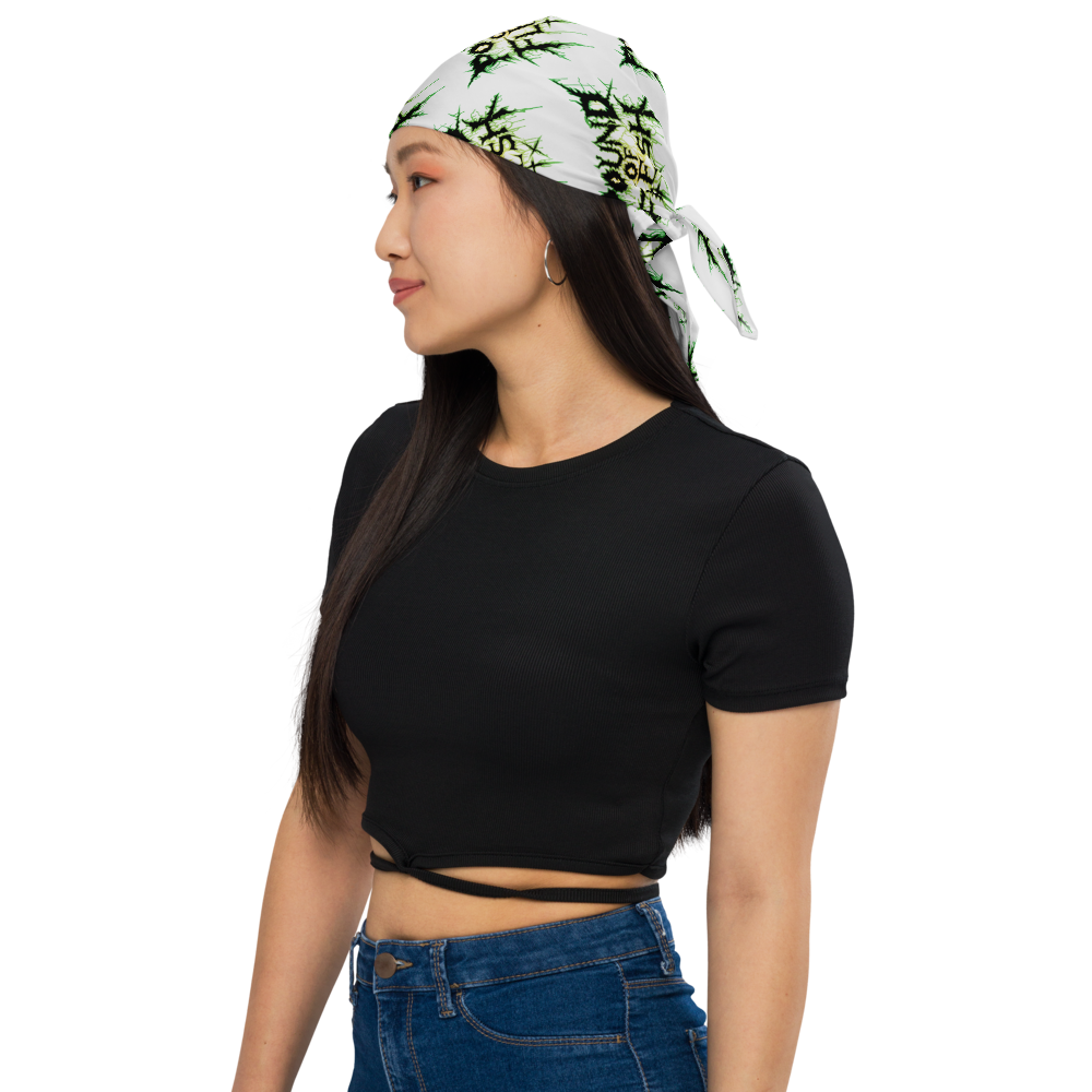 Woman wearing a white bandana with the Pound of Flesh TX Logo outlined in green and yellow in a pattern on top of her head.